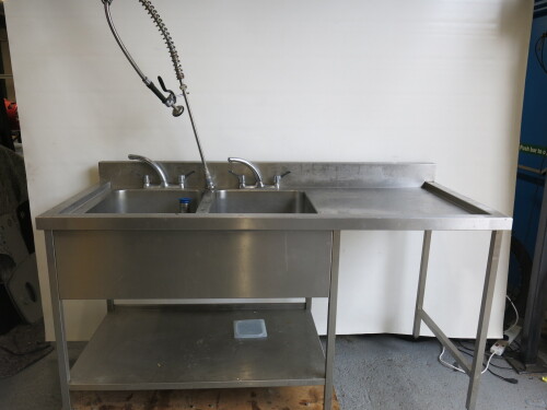 Stainless Steel Double Bowl Sink with Right Hand Drainer, Stainless Steel Spashback, Pre-rinse, Lever Taps & Part Shelf Under, Size H90 x W180 x D80cm.