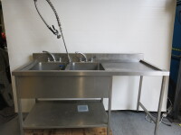 Stainless Steel Double Bowl Sink with Right Hand Drainer, Stainless Steel Spashback, Pre-rinse, Lever Taps & Part Shelf Under, Size H90 x W180 x D80cm.