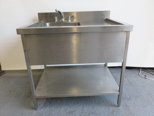 Stainless Steel Single Bowl Sink with Stainless Steel Splashback, Lever Taps & Part Shelf Under, Size H90 x W100 x D80cm.