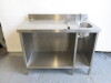 Stainless Steel Prep Table with Single Bowl Sink, Stainless Steel Splashback, Lever Taps & 2 Shelves Under (1 Adjustable), Size H90 x W120 x D70cm.