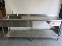 Stainless Steel Prep Table with Single Bowl Sink, Taps, Stainless Steel Splashback, Shelf Under & Drawer, Size H90 x W220 x D70cm.