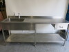 Stainless Steel Prep Table with Single Bowl Sink, Taps, Stainless Steel Splashback, Shelf Under & Drawer, Size H90 x W220 x D70cm.