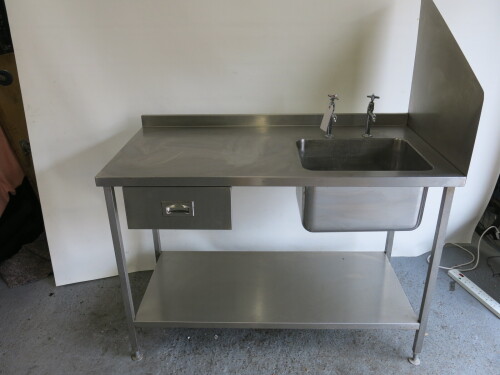 Stainless Steel Single Bowl Sink with Stainless Steel Splashback, Taps, Drawer & Shelf Under, Size H90 x W135 x D70cm.