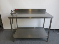 Stainless Steel Prep Table with Splashback, Shelf Under & Bonzer Can Opener, Size H90cm x W120 x D75cm.