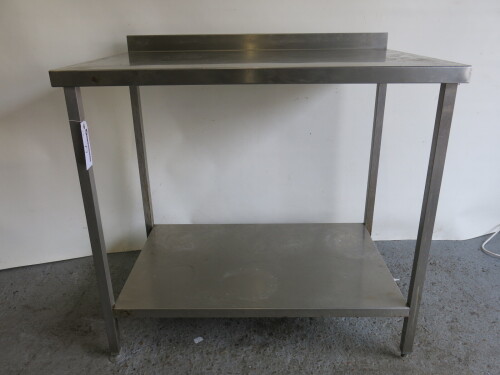 Stainless Steel Prep Table with Part Splash Back & Shelf Under, Size H90 x W100 x D70cm. NOTE: missing foot.