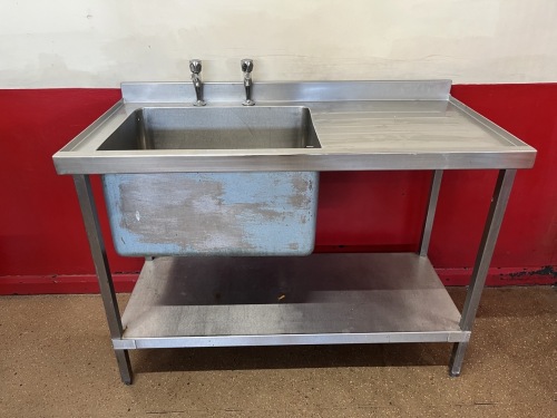 Stainless Steel Single Bowl Sink with Right Hand Drainer with Taps & Shelf Under, Size H85 x W120 x D60cm