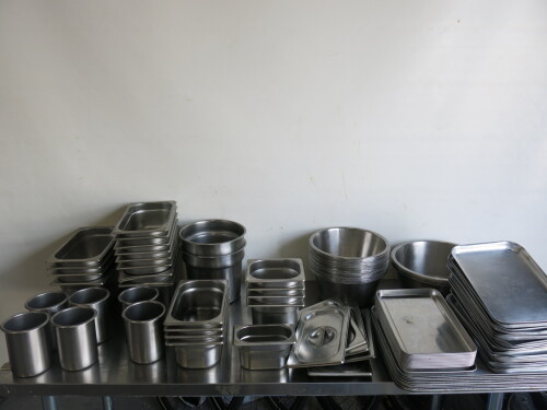 90 x Assorted Stainless Steel & Aluminium Trays, Bowls & Pots to Include: 4 x 33cm Mixing Bowls, 18 x 28cm Mixing Bowl, 2 x 20cm Bowls, 2 x 24cm Pots, 6 x 12cm Cutlery Pots, 21 x Gastro Norm Trays with 5 Lids in Assorted Sizes, 11 x 47cm Aluminium Trays, 