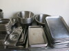 90 x Assorted Stainless Steel & Aluminium Trays, Bowls & Pots to Include: 4 x 33cm Mixing Bowls, 18 x 28cm Mixing Bowl, 2 x 20cm Bowls, 2 x 24cm Pots, 6 x 12cm Cutlery Pots, 21 x Gastro Norm Trays with 5 Lids in Assorted Sizes, 11 x 47cm Aluminium Trays, - 3