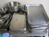 90 x Assorted Stainless Steel & Aluminium Trays, Bowls & Pots to Include: 4 x 33cm Mixing Bowls, 18 x 28cm Mixing Bowl, 2 x 20cm Bowls, 2 x 24cm Pots, 6 x 12cm Cutlery Pots, 21 x Gastro Norm Trays with 5 Lids in Assorted Sizes, 11 x 47cm Aluminium Trays, - 9