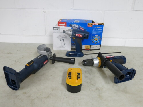 Set of 3 Ryobi One Tools to Include: 1 x Cordless Hammer Drill, Model CDI-1803, 1 x Impact Driver, Model BID-1801M, 1 x Grinder, Model CAG-180. Comes with 1 x 18.0v Battery, Model BPP-1817M. NOTE: requires charger.