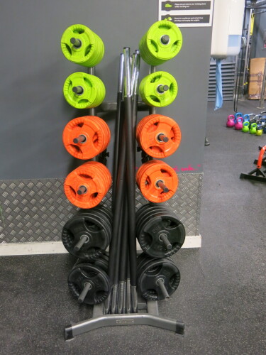 Set of Mirafit Studio Barbell Weights on Jordan Rack to Include: 10 x Barbells, 20 x End Clips and 18 x 5kg, 20 x 2.5kg, 24 x 1.25kg Rubber Plate Weights.