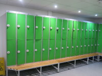 58 x Link Lockers Personnel Lockers on Bespoke Changing Room Benches with Padlock Clasps (Men's Changing Room).