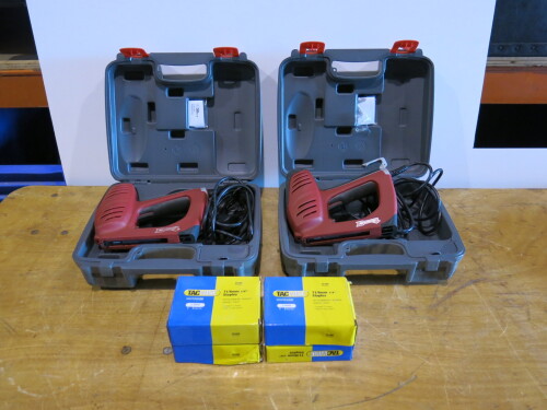 2 x Arrow 240v Electric Staple Guns in Cases with 4 Boxes of 5000 Staples.