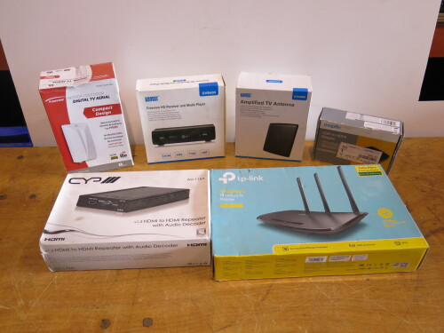 Selection of Various Boxed Items to Include: August Amplified Antenna, August Freeview Receiver, Freeview Indoor/Outdoor Digital Antenna, Maplin VGA to HDMI Adaptor, TP Link 450 mps Wireless N Router, CYP HDMI to HDMI Repeater with Audio Decoder.