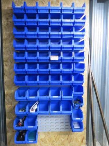 60 x Wall Hung Blue Storage Lin Bins with Wall Rack.