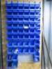 60 x Wall Hung Blue Storage Lin Bins with Wall Rack.