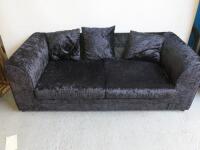 Black Crushed Velour 2 Seater Sofa with 3 Back Cushions. Size H67cm x W95cm x D93cm. NOTE: missing one back cushion.