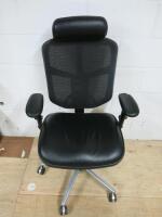 Adjustable Black Leather Office Chair with Mesh Back on Chrome/Steel Base. NOTE: missing foam on arm (As Viewed/Pictured).