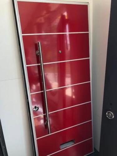 Matadoor High Security Door Finished in Red Panels. Multipoint Locking System (No Keys). Door Size 850 x 2000mm. As Viewed and Inspected.