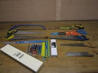 Assorted Quantity of Saws & Blades to Include: 1 x Bow Saw & Spare Blade, 7 x Assorted Sized Saws, 1 x Forge Steel Quick Change Hacksaw, 45 x Hack Saw Blades, 30 x Junior Hacksaw Blades & 1 x Screwfix Adjustable Saw Guide.