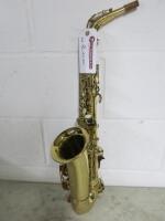 Earlham Brass Professional Series II Saxaphone, As viewed with missing key inserts and slight dent to stem.