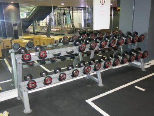 2 Tier Weight Rack with 22 x GymGear Rubber Dumbbells to Include: 4 x 15kg, 4 x 12.5kg, 4 x 10kg, 4 x 7.5kg, 2 x 5kg & 4 x 2.5kg.