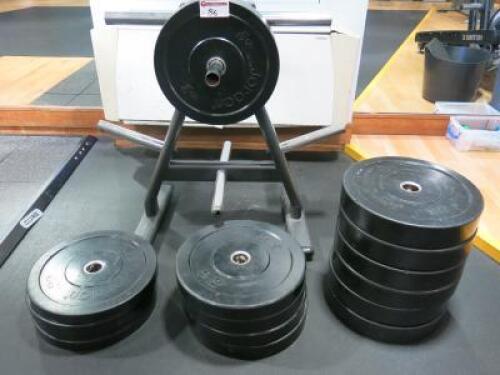 Set of 18 x Jordan Rubber Plate Weights on Stand to Include: 6 x 20kg, 4 x 15kg, 4 x 10kg & 4 x 15kg.