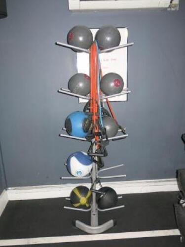 GymGear Medicine Ball Rack with 9 x Medicine Balls & 11 x Lesmills Resistance Bands.