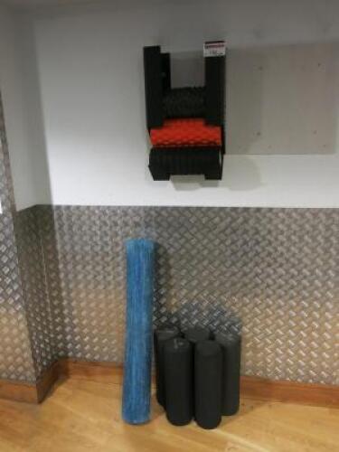 9 x Assorted Foam Rollers & Bulldog Gear Wall Storage.