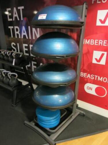 5 Tier Physical Shelf Rack with 4 x Bosu Balance Trainers & 4 x Balance Cushions.