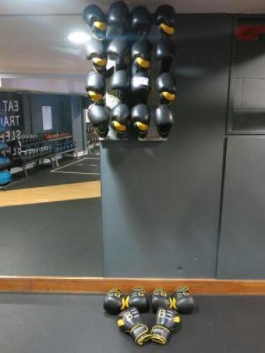 12 x Pairs on Black & Yellow 10oz Boxing Gloves with 2 x 8 Peg Wall Storage Racks.