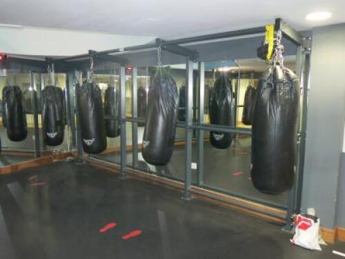 4 x Hatton Heavy Punch Bags with Wall & Floor Mount Frame. Size H220 x W455 x D75cm. Comes with Quantity of Chains & Carabiners.