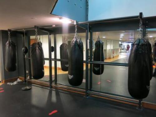 4 x Hatton Heavy Punch Bags & Floor to Ceiling Ball with Wall & Floor Mount Frame. Size H220 x W455 x D75cm. Comes with Quantity of Chains & Carabiners.