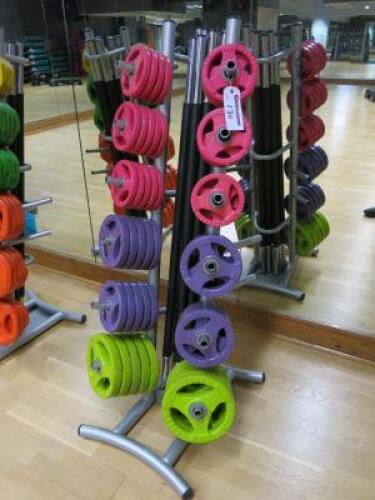 Set of Physical Studio Barbells & Plate Weights on Rack to Include: 11 x Bars, 10 x 5kg, 20x 2.5kg & 28 x 1.25kg.