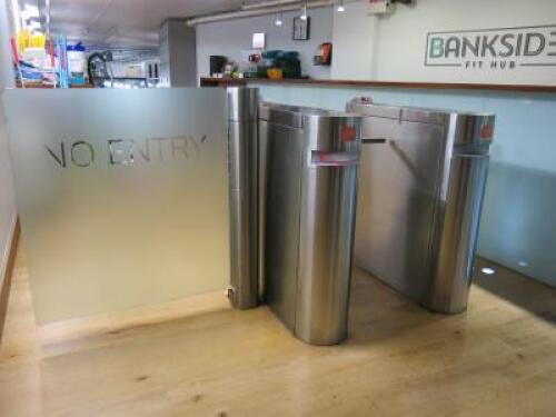 ITAB Barrier Entrance with 2 x Turnstiles & Frosted Glass Gate. Comes with Keys. NOTE: buyer to arrange removal and leave safe.