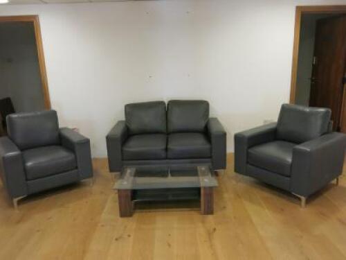 Set of Sofa's & Coffee Table to Include: 2 Seater Grey Faux Leather Sofa on Chrome Feet, 2 x Matching Armchairs & Walnut Wood Effect & Glass Coffee Table, Size H32 x W99 x 59cm.