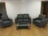 Set of Sofa's & Coffee Table to Include: 2 Seater Grey Faux Leather Sofa on Chrome Feet, 2 x Matching Armchairs & Walnut Wood Effect & Glass Coffee Table, Size H32 x W99 x 59cm.