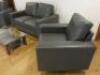 Set of Sofa's & Coffee Table to Include: 2 Seater Grey Faux Leather Sofa on Chrome Feet, 2 x Matching Armchairs & Walnut Wood Effect & Glass Coffee Table, Size H32 x W99 x 59cm. - 2