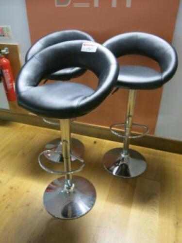 3 x Black Faux Leather, Height Adjustable Stools on Chrome Base with Footrest.