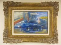 Raoul Dufy (1877-1953) Oil on Board 'Depart des Regates' in Gilt Frame, Signed Lower Centre Circa 1950. Provenance Galerie dela Presidency, Paris (Label on Reverse). Art Size 27.2 x 41.5cm. Scanned Certificate No P09-563