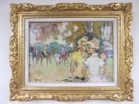 Pierre Grisot (French 1912 - 1995) Oil on Canvas 'A Day At The Races' in Guilt Frame. Size 33 x 24cm. Printemps a Auteuil, Signed Lower Right Corner.