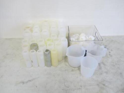 Quantity of Assorted Sized Plastic Sauce Bottles & Jugs to Include: 30 x Bottles & Lids & 2 x Measuring Jug & 1 x Measuring Beaker.