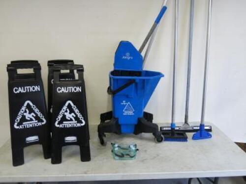 Quantity of Cleaning Products to Include: Jangro Bucket, Mop, Squeegee, Dustpan & Brush, 4 Rubbermaid Caution Signs & 2 x Goggles.