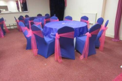 Large Quantity of Cream Banquet Table Linen & Mauve Stretch Chair Covers with Pink Sash's Sufficient for 120 Chairs & 12 Tables