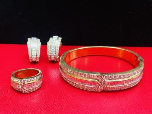 A Matching Set of 18ct Gold, Baguette and Brilliant Diamond Design Bangle, Earrings and Ring.