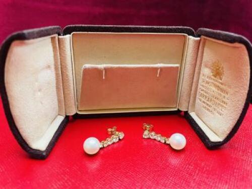 A Pair of 18ct Gold, Pearl & Graduated Diamond Drop Earrings in Gerrard & Co Presentation Pouch.