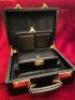 Asprey Black Leather Combination Lock Travel Jewellery Case with Gold Plated Fittings. Features Multi Compartments within Including Additional Locking Case with Key. Appears Unused in Asprey Box (Case Code 445544). Size 10cm x 29cm x 23cm. - 2