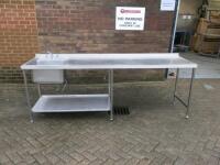Stainless Steel Prep Table with Single Bowl Sink, Taps, Shelf Under, Size H90 x W260 x D70cm.