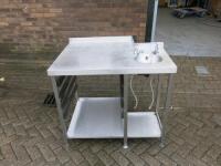 L Shape Stainless Steel Prep Table with Hand Basin, Taps & Shelf Under, Size H85 x W100 x D60-50cm.