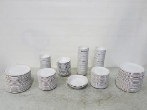 Approx 165 Pieces of Assorted Churchill Crockery to Include: 59 x Dinner Plates, 46 x Side Plates, 2 x Large Bowls, 22 x Desert Bowls, 36 x Dipping Bowls.